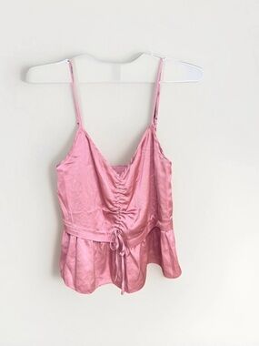 A&F pink satin cami tank‎ top features a ruched bodice w/ drawstring detail